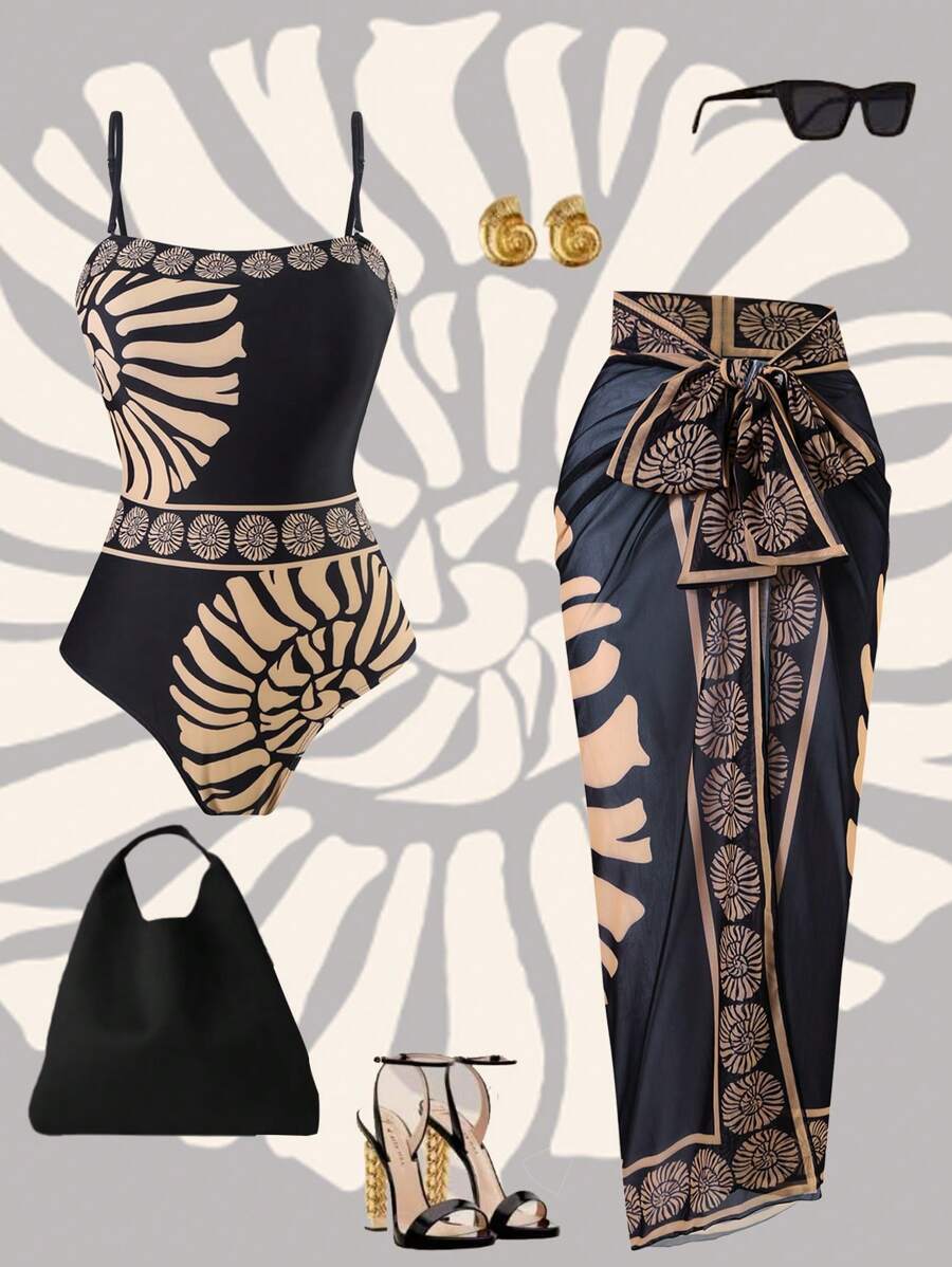 レディース 水着 ワンピース 2025年新作 レディース 2点セット プリント バンドゥ水着 メッシュ ロングスカート、ビーチバカ拍卖