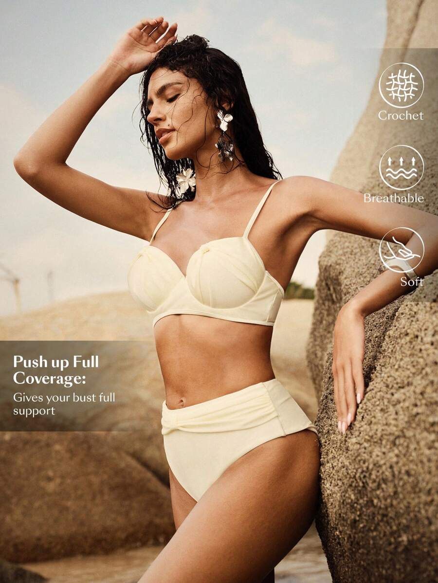 レディース 水着 ビキニセット レディース 無地ノットブラ&ブリーフビキニセット、夏、ビーチ用拍卖