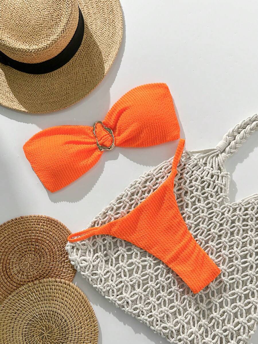 レディース 水着 ビキニセット 春休み ウイメンズビーチウェア サマーアウトフィット、ジャガード生地 ストラップレス メタルデコレ拍卖