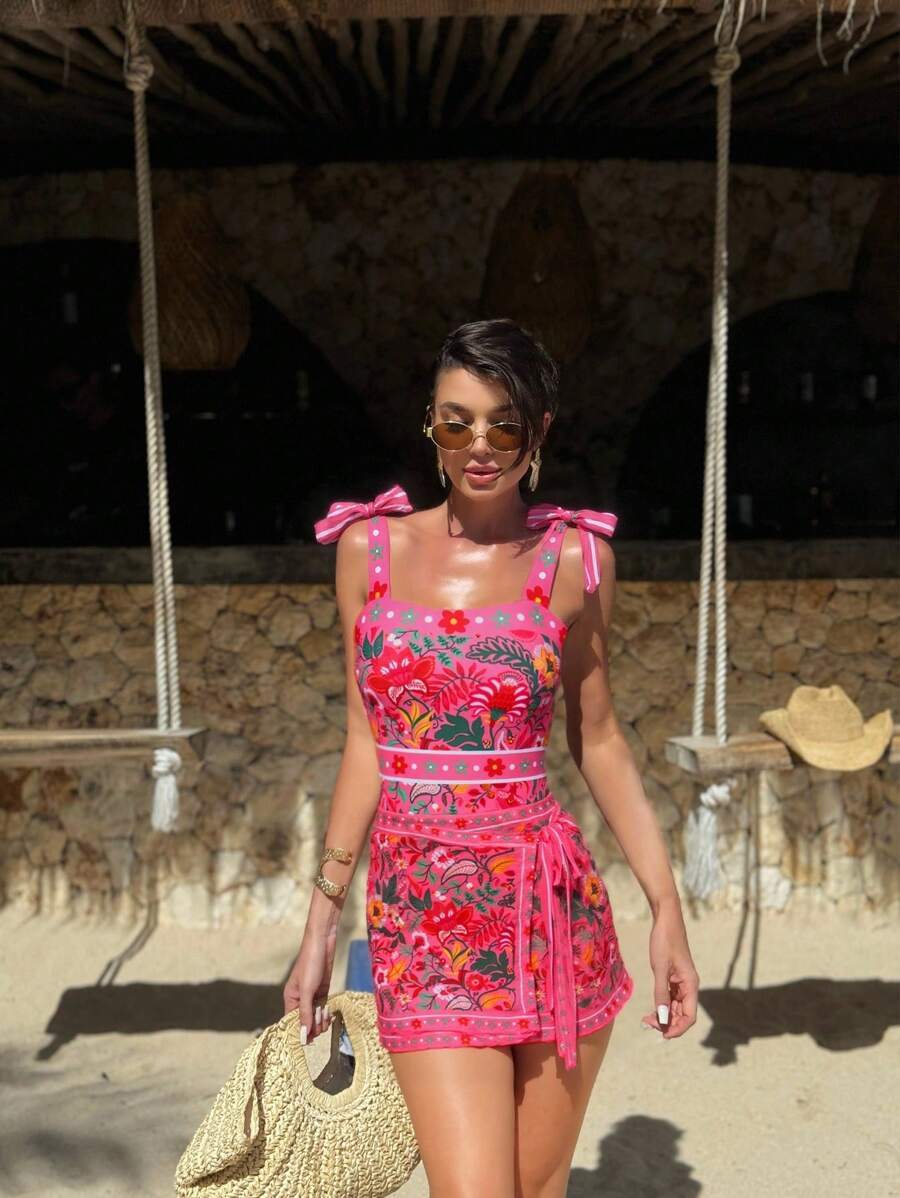 レディース 水着 ワンピース 女性用 ワンピース水着とプリントスカートのセット2枚、バケーションスタイルの水着拍卖