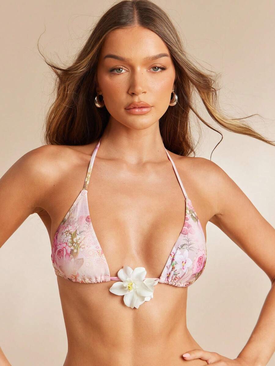 レディース 水着 トップス ' パステル調花柄プリントの三角ビキニ トップ、花飾り付き拍卖