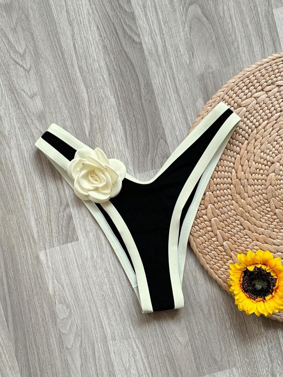 レディース 水着 ボトムス モノクロコントラスト ウエスト フローラルパターン かわいい女の子/レディース水着ボトム、バカンス拍卖