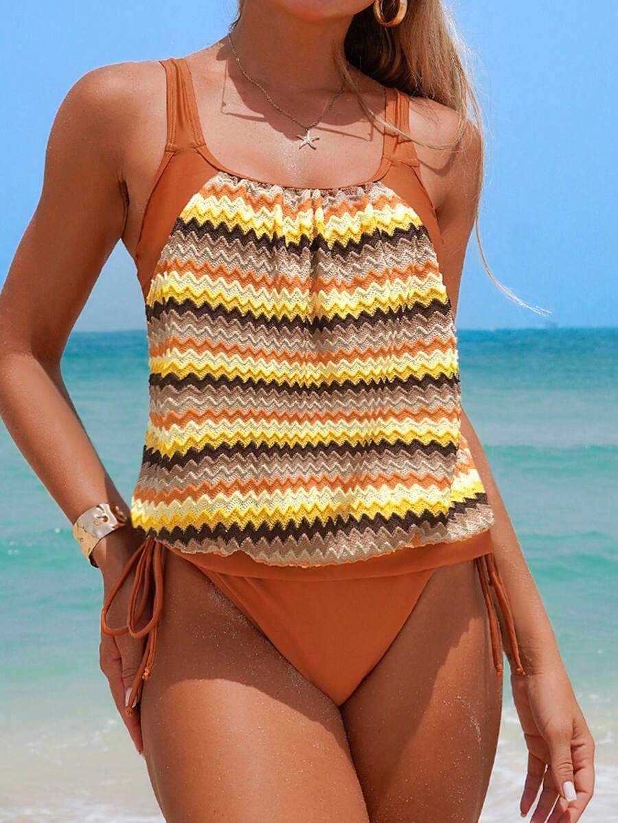 レディース 水着 ビキニセット 2枚セット レディース サマービーチバケーション ジグザグ柄 タンキニ上下セット、スリムで腹カバー拍卖