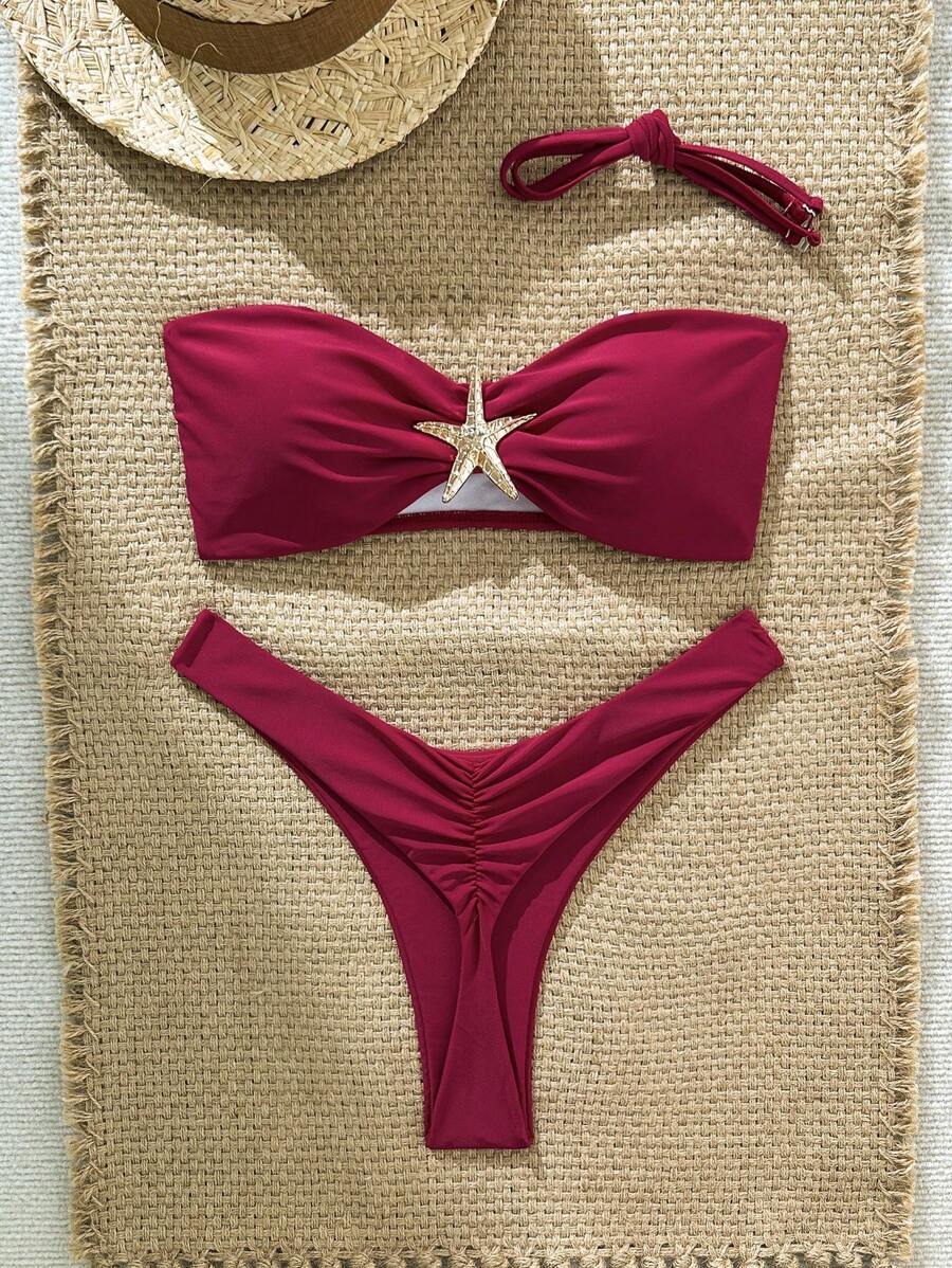 レディース 水着 ビキニセット 女性用無地スパゲッティストラップ スターフィッシュメタルデコレーション セクシーなビキニセット、夏拍卖