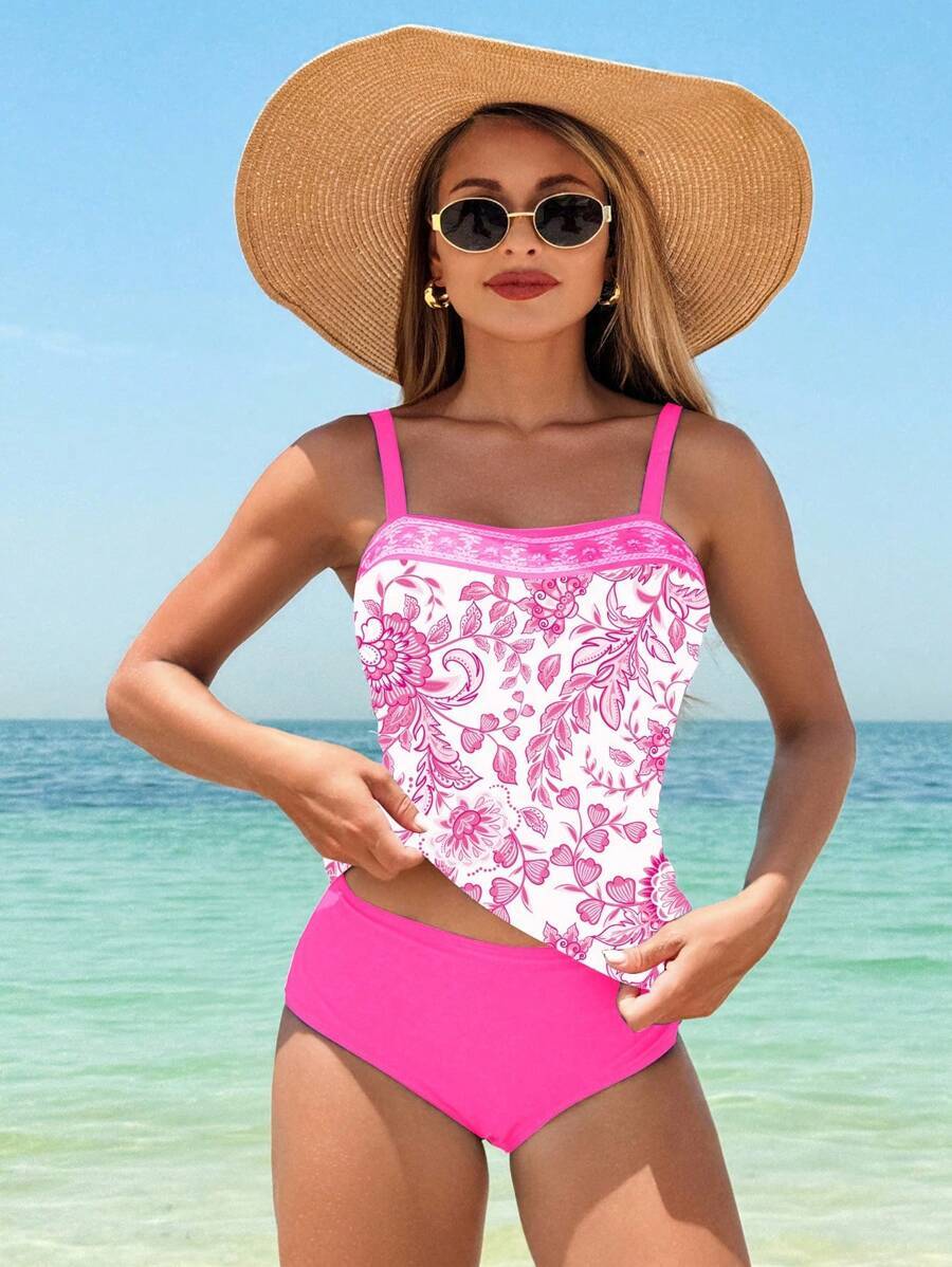 レディース 水着 ビキニセット レディース ビーチ リラックス バカンス ランダムプリントキャミソールビキニトップとソリッドカラー拍卖