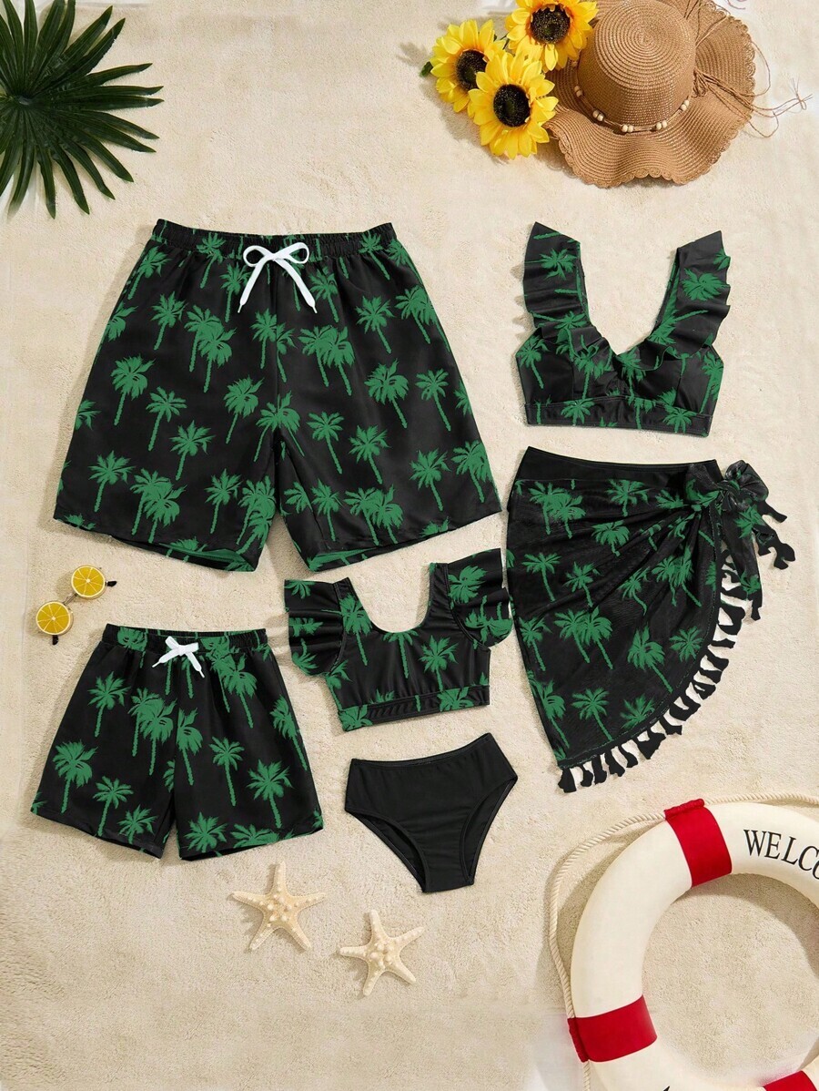 レディース 水着 ビキニセット 3点セット ココナッツの木プリント グリーンフリンジ付きビキニ サロンワンピース トロピカル柄 バ拍卖