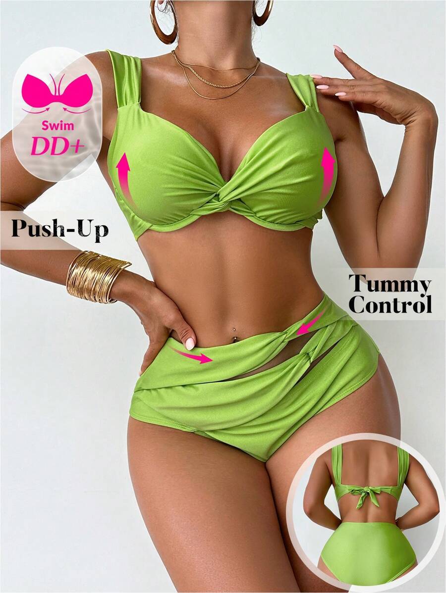 レディース 水着 ビキニセット + +サイズ レディース セクシー ノット装飾 プッシュアップパッド入り水着セット拍卖