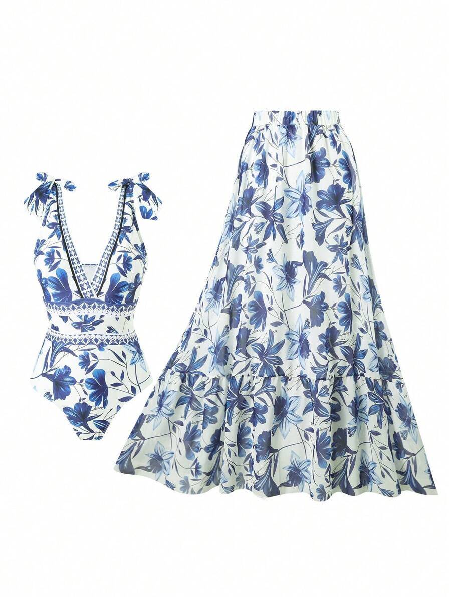 レディース 水着 ワンピース 2024年新作 ヨーロッパ・アメリカ風レディース ワンピース水着セット ロングスカート付き、ファッシ拍卖