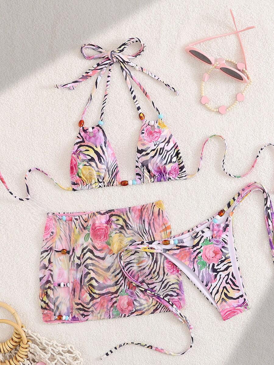 レディース 水着 ビキニセット レディース セクシー 中空レオパード柄 パッチワーク トロピカルプラント ホルターネック ビキニ3拍卖