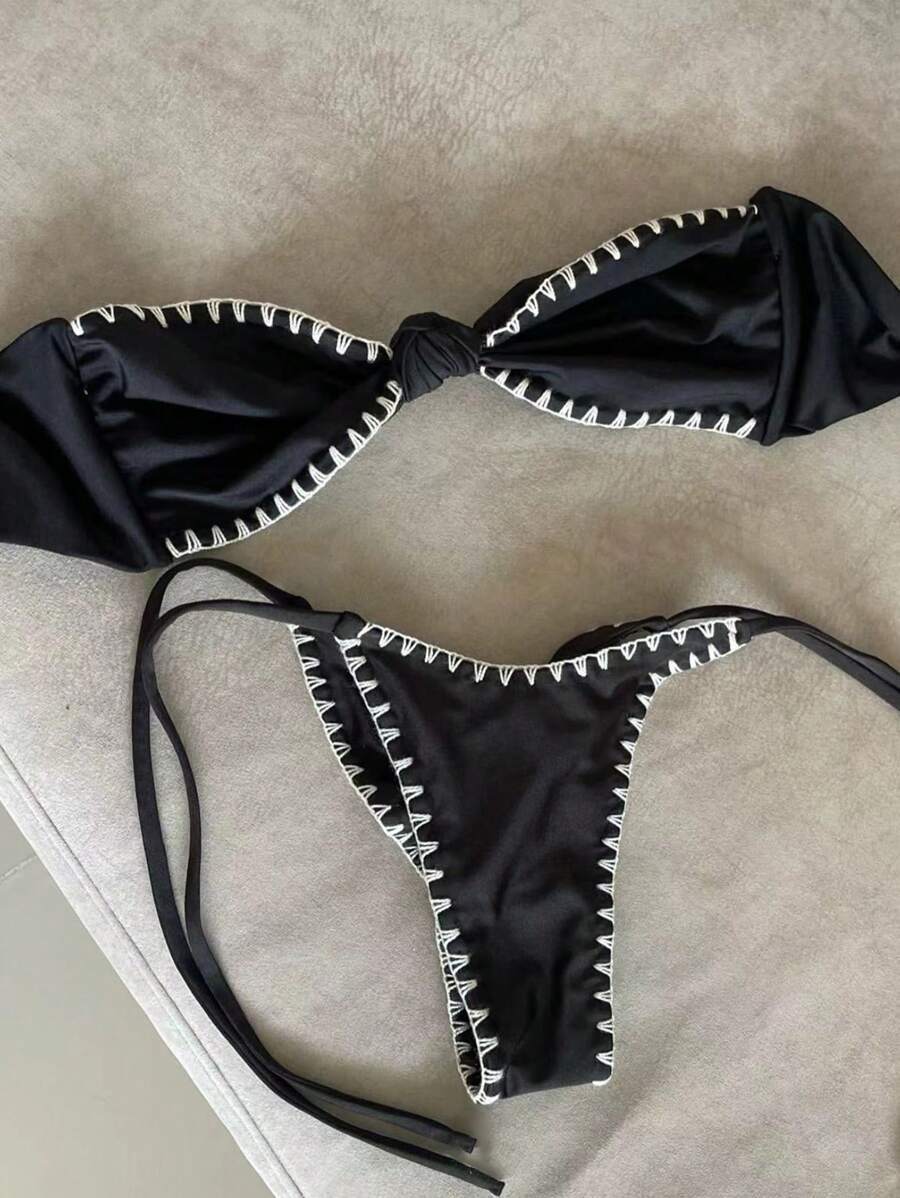 レディース 水着 ビキニセット カラーブロック トリム バンドゥ セクシー ビキニ 女性用、夏のビーチ用拍卖