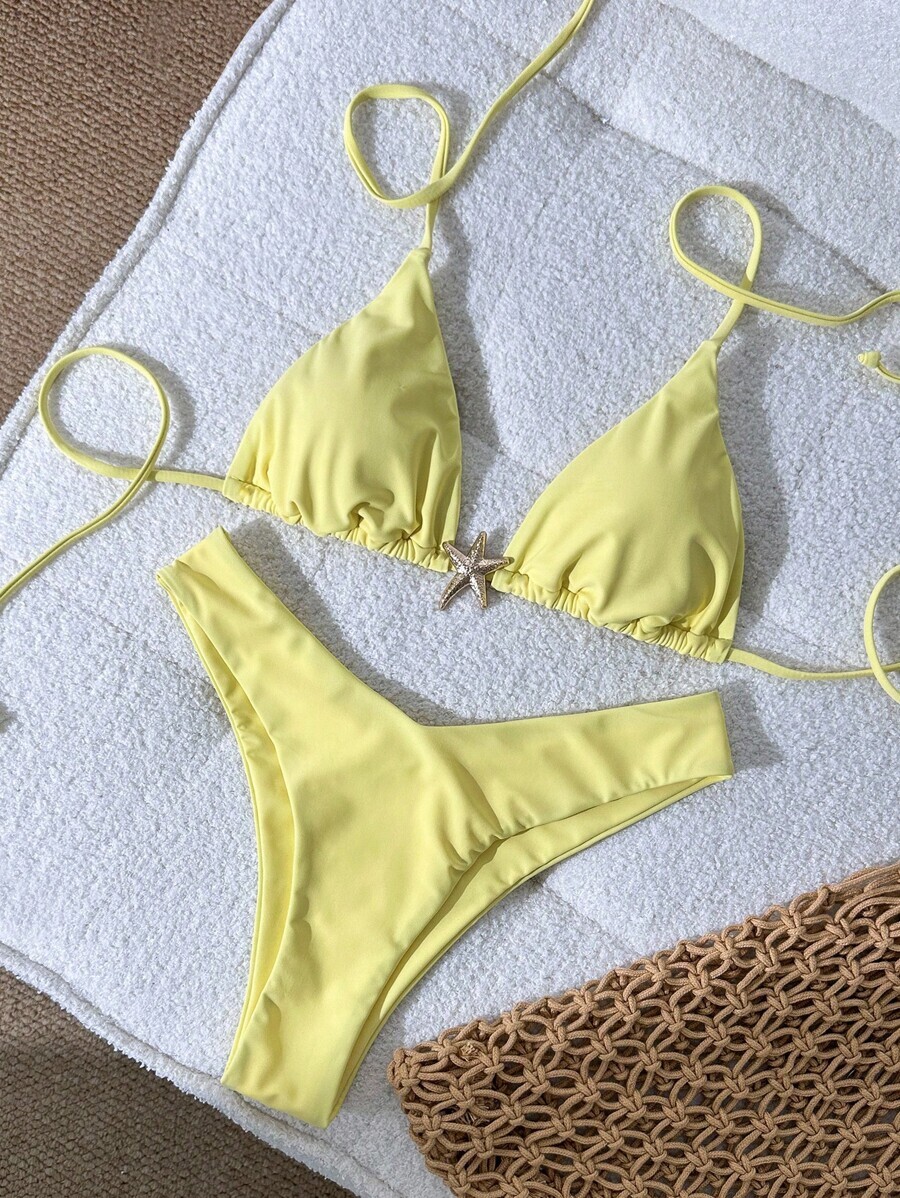 レディース 水着 ビキニセット レディース 無地 スパゲッティストラップ メタルデコレーション セクシー ビキニセット、夏用拍卖