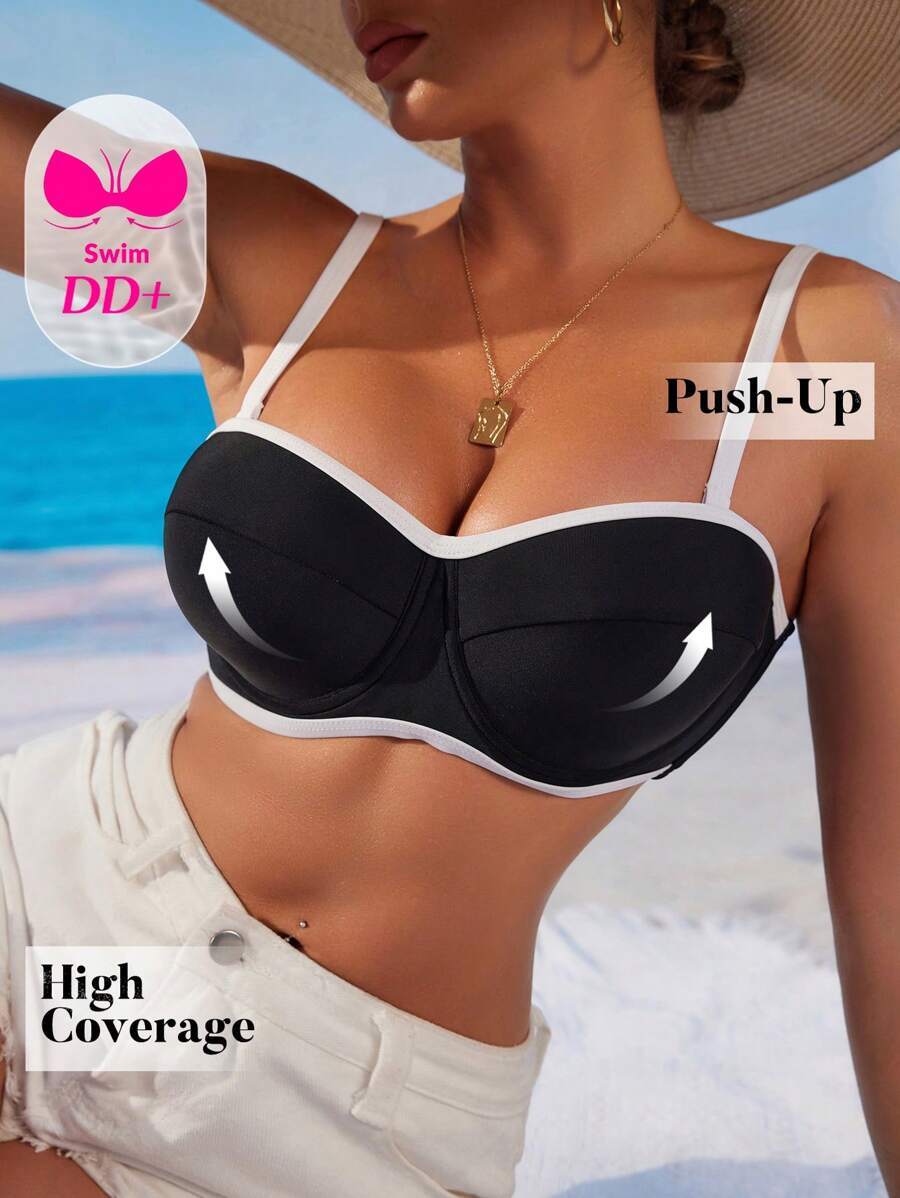 レディース 水着 トップス + +カップ ウーマン用 黒白ビキニトップ拍卖