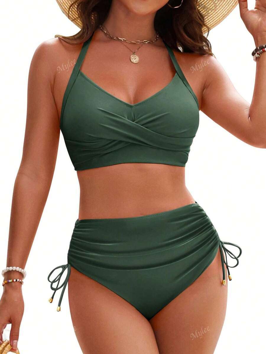 レディース 水着 ビキニセット 新作 セクシーなハイウエスト クリスクロス ストラップ ビキニ セット、メタルペンダントデコレーシ拍卖