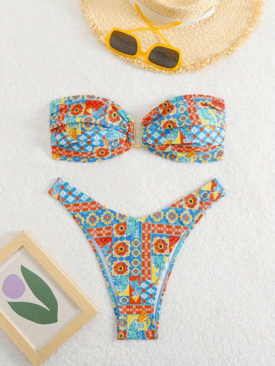 レディース 水着 ビキニセット レトロメタルリングデザイン コントラストカラー オールオーバープリント バンドゥビキニ レディース拍卖