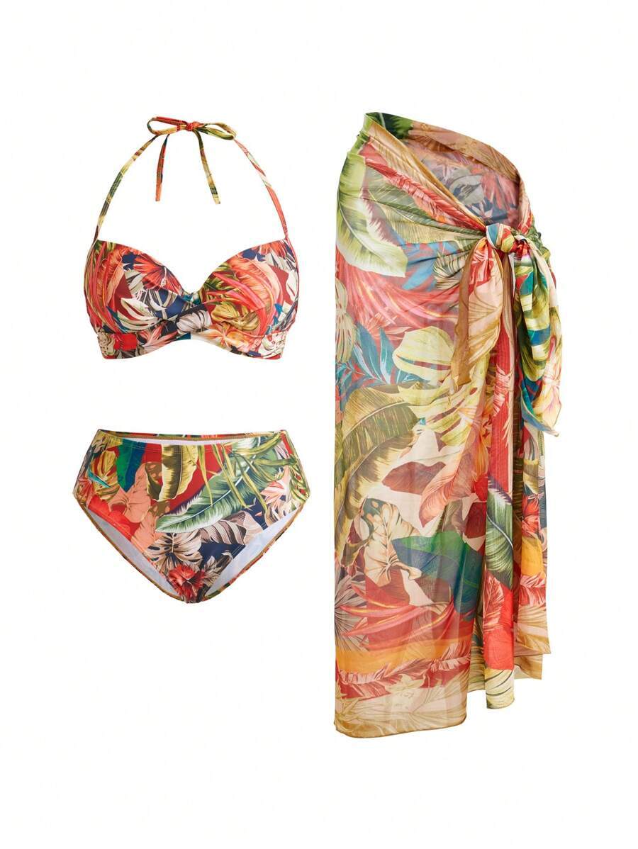 レディース 水着 ビキニセット 熱帯植物柄 ビキニ レディース ホルターネック タイダイネック セクシー 水着 スカート付き拍卖