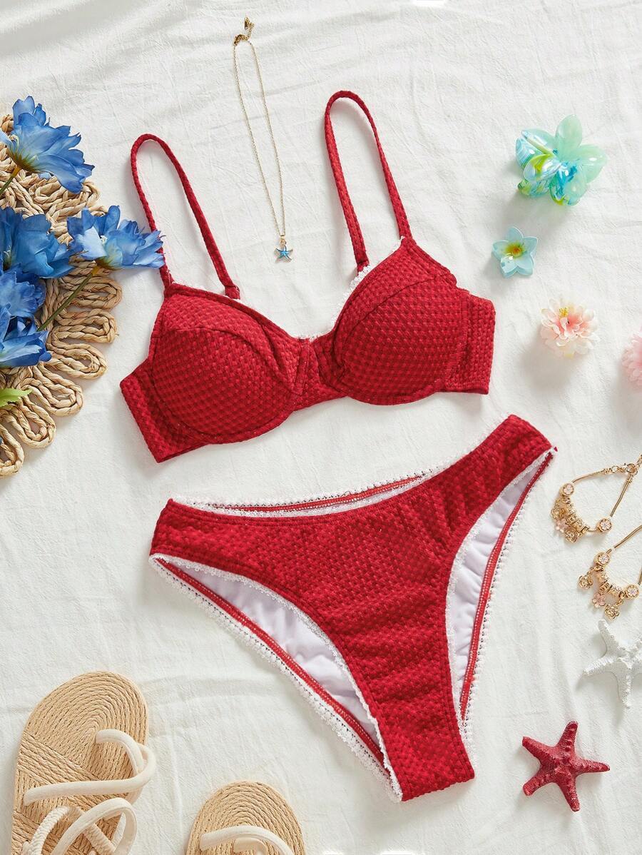 レディース 水着 ビキニセット 女性用サマービーチソリッドカラーセクシーレッド ビキニ水着 2点セット拍卖