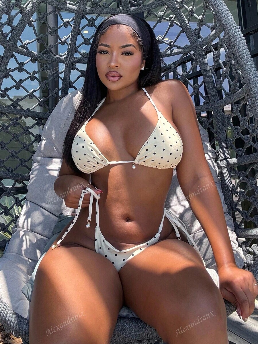 レディース 水着 ビキニセット レディース ポルカドットプリント ホルターネック リボン フロント ビキニセット ランダムプリント拍卖