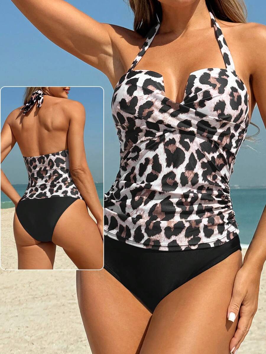 レディース 水着 ビキニセット レオパード柄プッシュアップパッド入りブラ&ハイウエストビキニボトムセット、エレガントでセクシーなカ拍卖