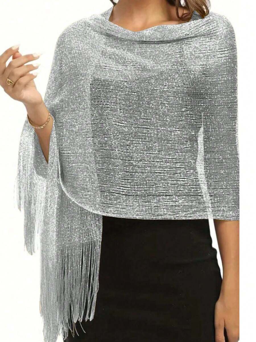 アクセサリー レディース スカーフ 1個 スパークリングメタリック ショール ラウンドバックル タッセル付きラップスカーフ、イブニ拍卖