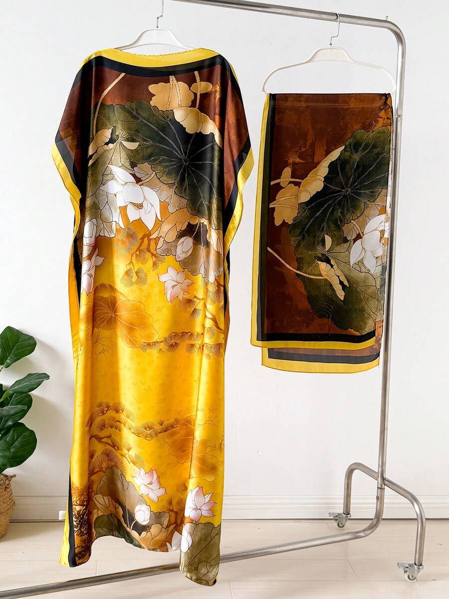 アクセサリー レディース スカーフ 1個 フェイクシルク孔雀プリントローブ、ショール&小さなスカーフセット、ビーチ用カバーアップ、拍卖