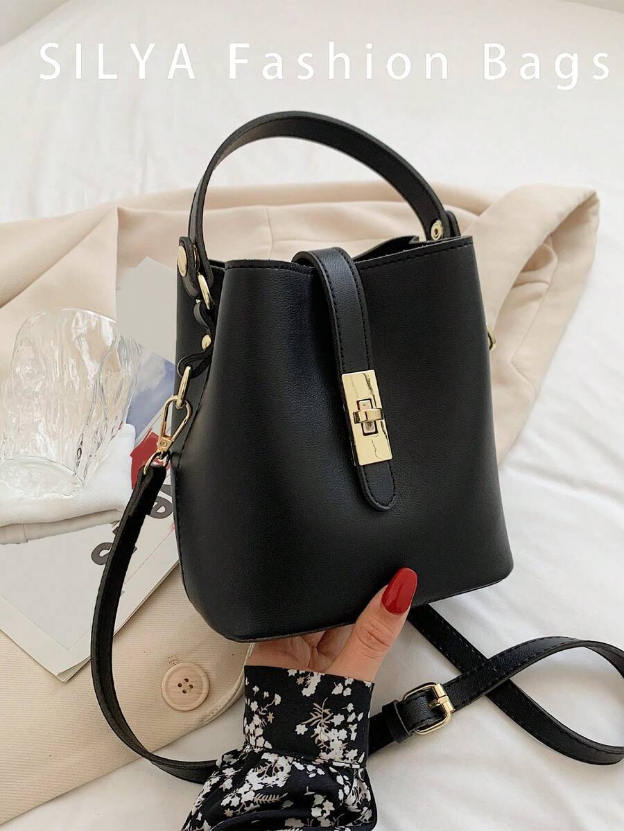 バッグ レディース ハンドバッグ 女性用カジュアルクロスボディバケツバッグ - 無地、ダブルレイヤーPU素材ハンドバッグ、磁石式留拍卖