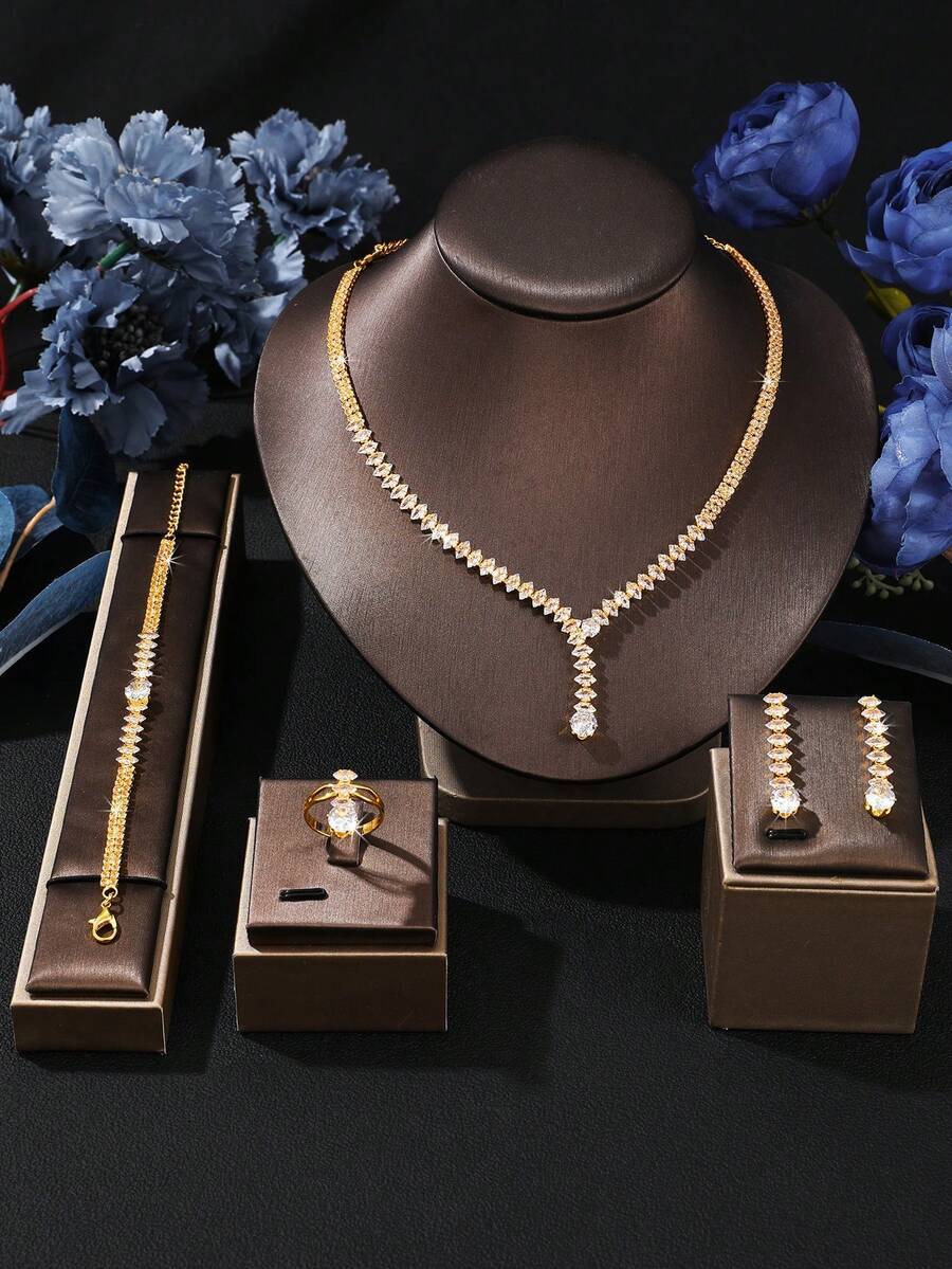 ジュエリー レディース セット 5点セット ラグジュアリー エレガントキュービックジルコニア スパークリング ブライダルウェディン拍卖