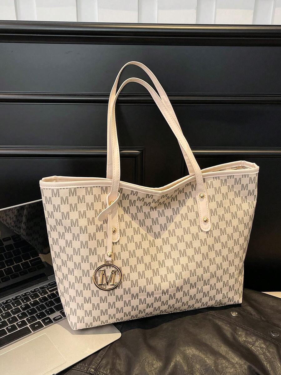 バッグ レディース トートバッグ 1個 ホワイト トートバッグ、ビンテージ フローラル & レターパターン、メタルハードウェアデコ拍卖