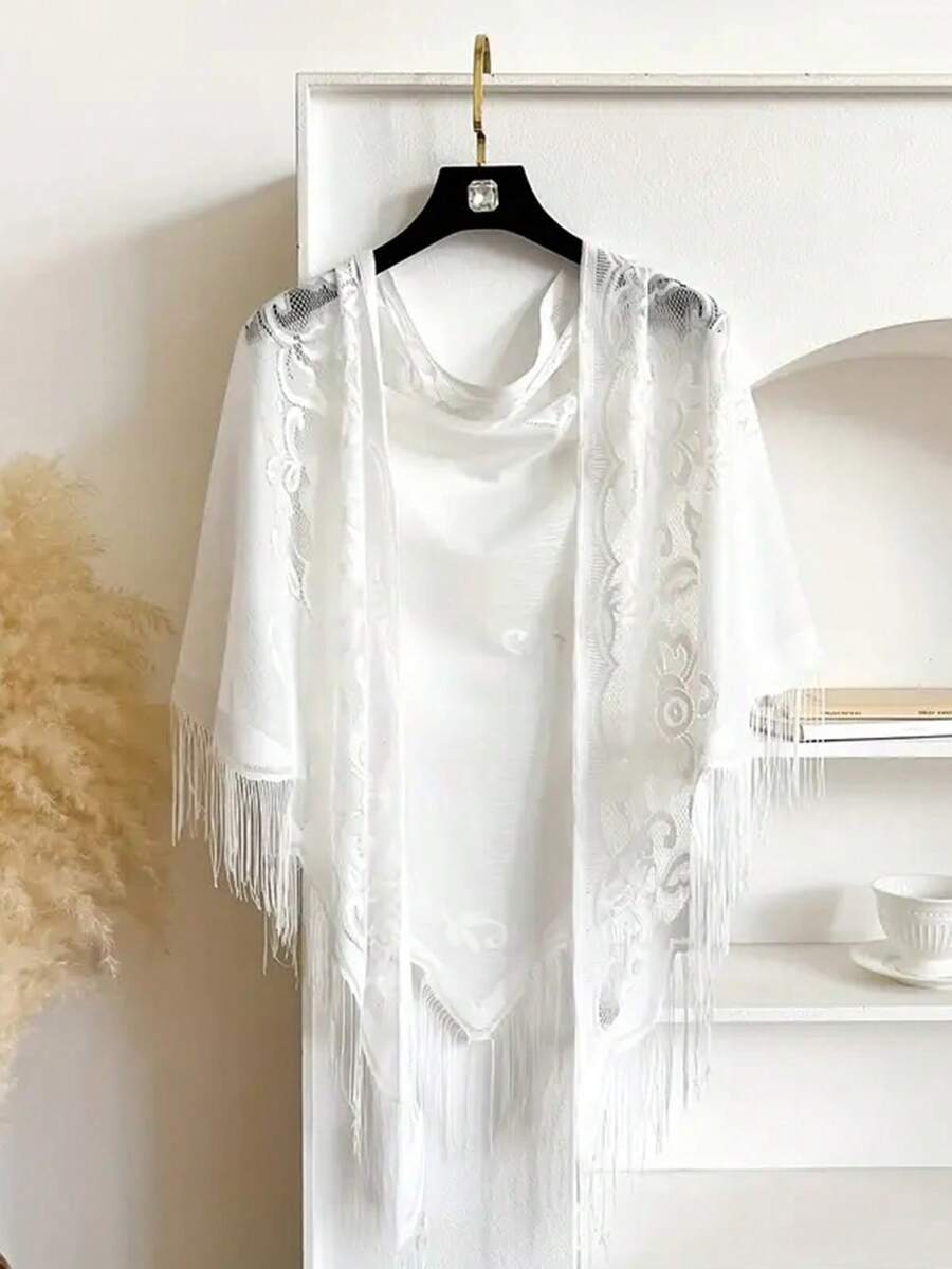アクセサリー レディース スカーフ 1個 レディース新作レースタッセルショール、軽量通気性無地三角スカーフ、ヘッドスカーフ、ウェデ拍卖