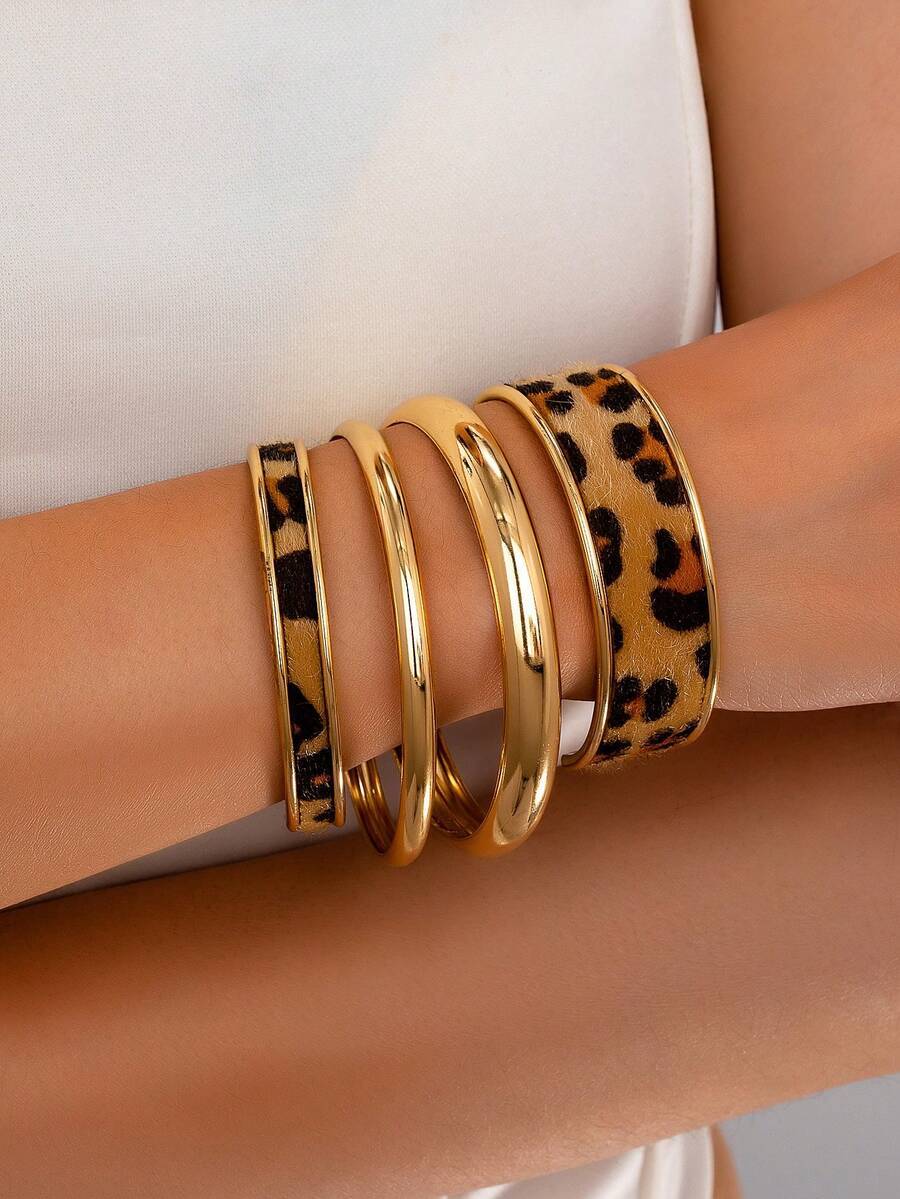 ジュエリー レディース ブレスレット バングル 高級ファッションニッチ レオパード柄の組み合わせ 無地バングルブレスレット 4個セ拍卖