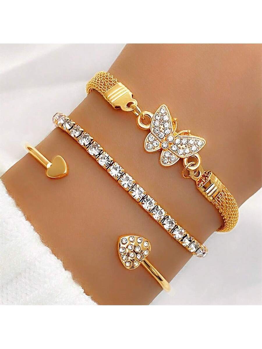 ジュエリー レディース ブレスレット セット 3個セット ファッションメタル クリスタル バタフライ&ハート レイヤードバングルブ拍卖