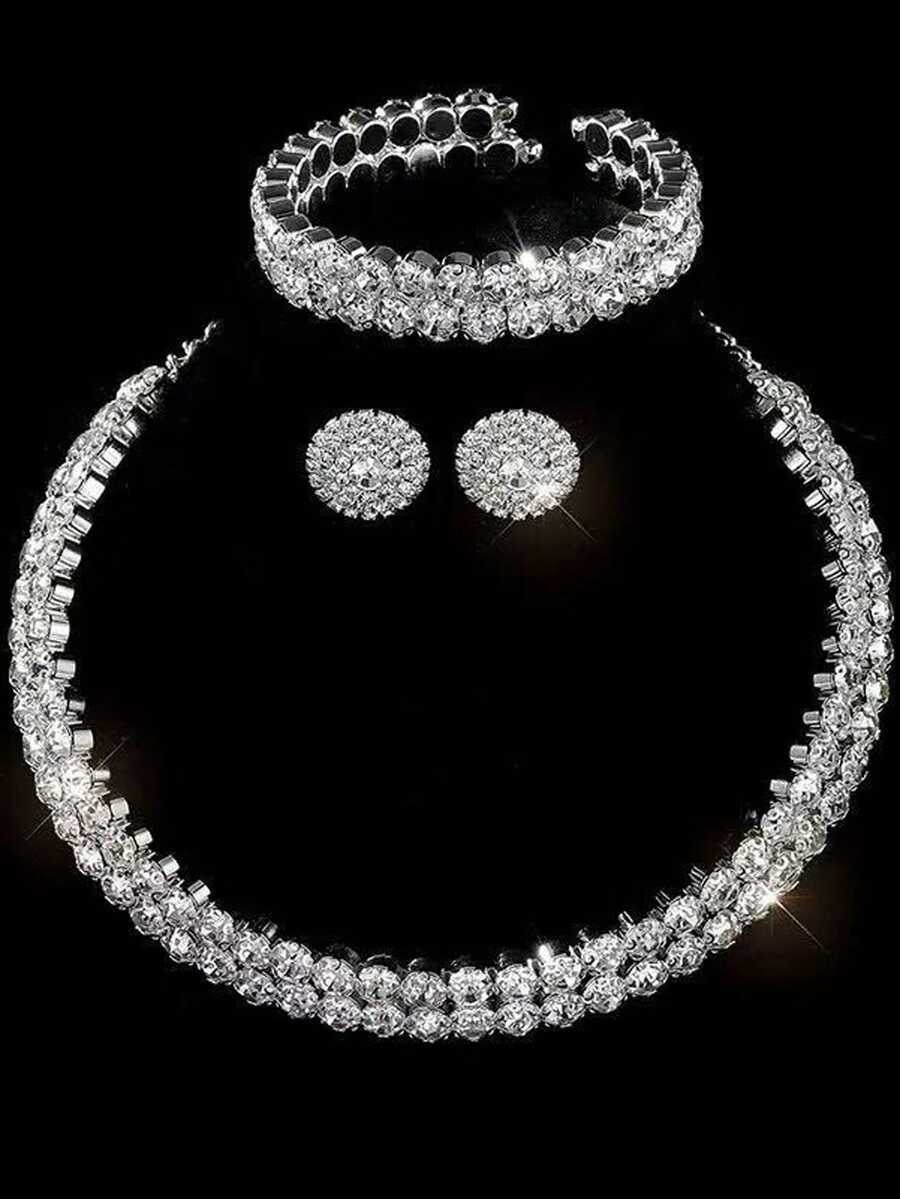 ジュエリー レディース セット 1セット クリスタルネックレス+ピアス+ブレスレット、ラインストーン爪チェーンインレイネックレスブ拍卖