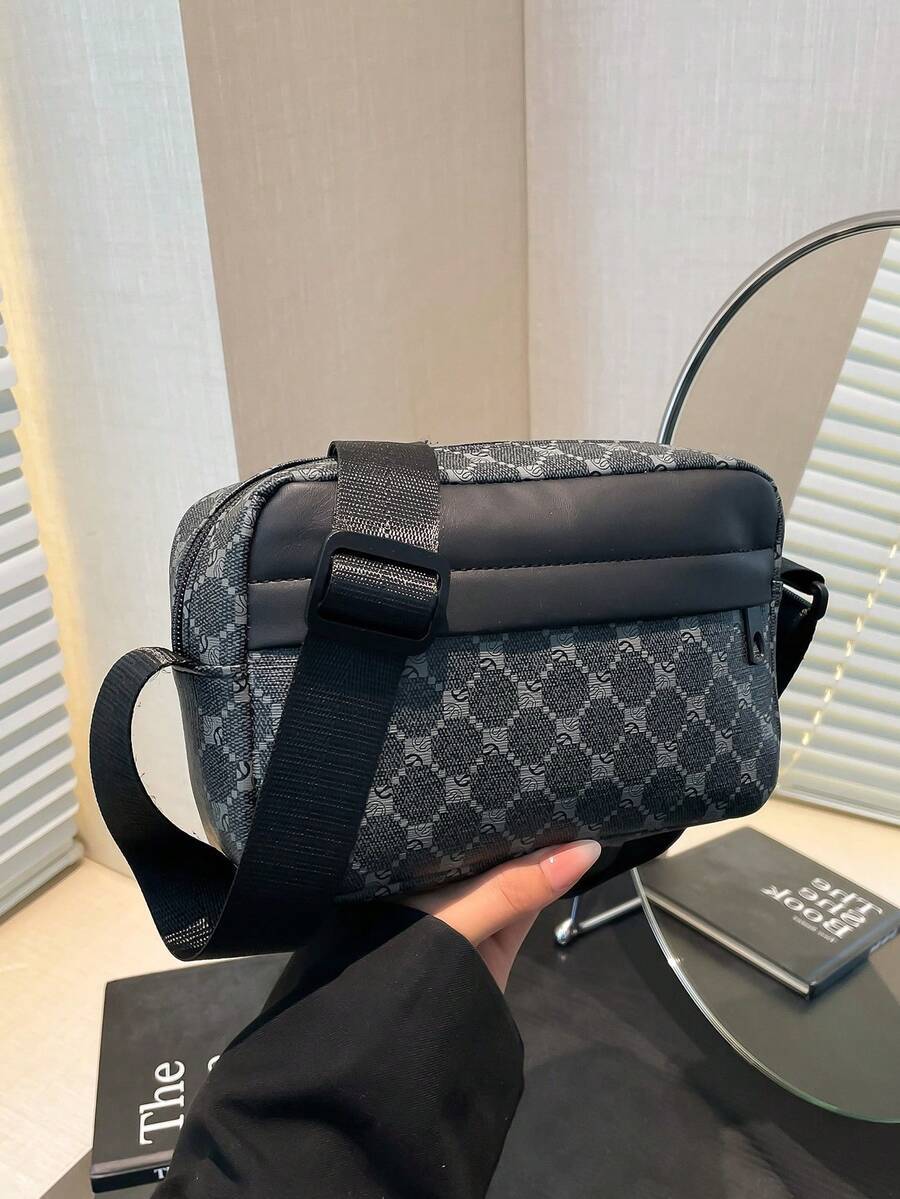 バッグ メンズ ショルダーパック 1個 黒いPUレザーファスナー付き幾何学柄カジュアルショルダーバッグ、ミニスクエアサッチェルメッ拍卖