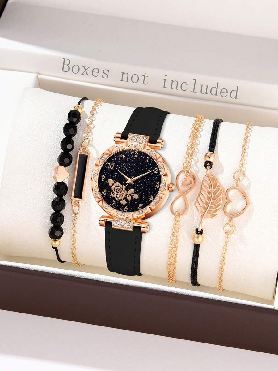 腕時計 レディース セット 6個セット ブラックPUレザーストラップ エレガントな女性用腕時計 シンプルな花柄 デジタルスケールダ拍卖