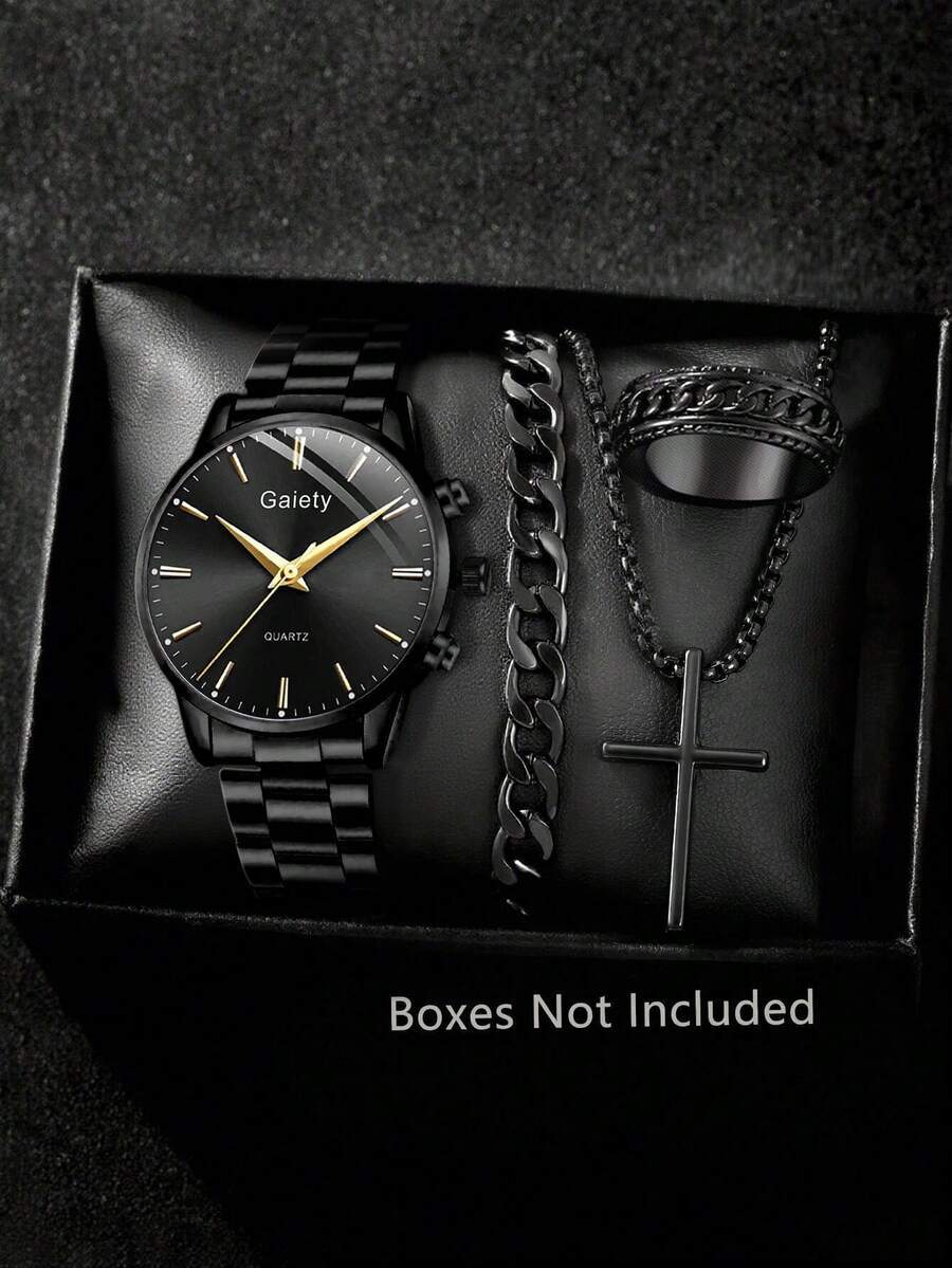腕時計 メンズ セット ガイエティ メンズ ブラックストラップ ファッションカジュアル ビジネス バースケール 円形ダイヤル クォ拍卖