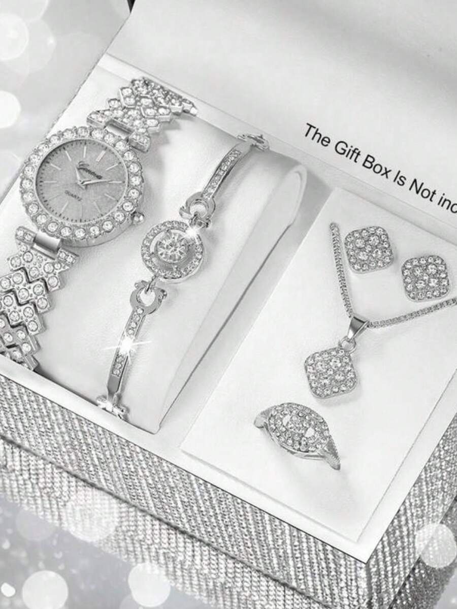 腕時計 レディース セット 6個セット エレガントな石英レディース腕時計、バースケール合金ダイヤル、ネックレス、リング、ピアス、ブ拍卖