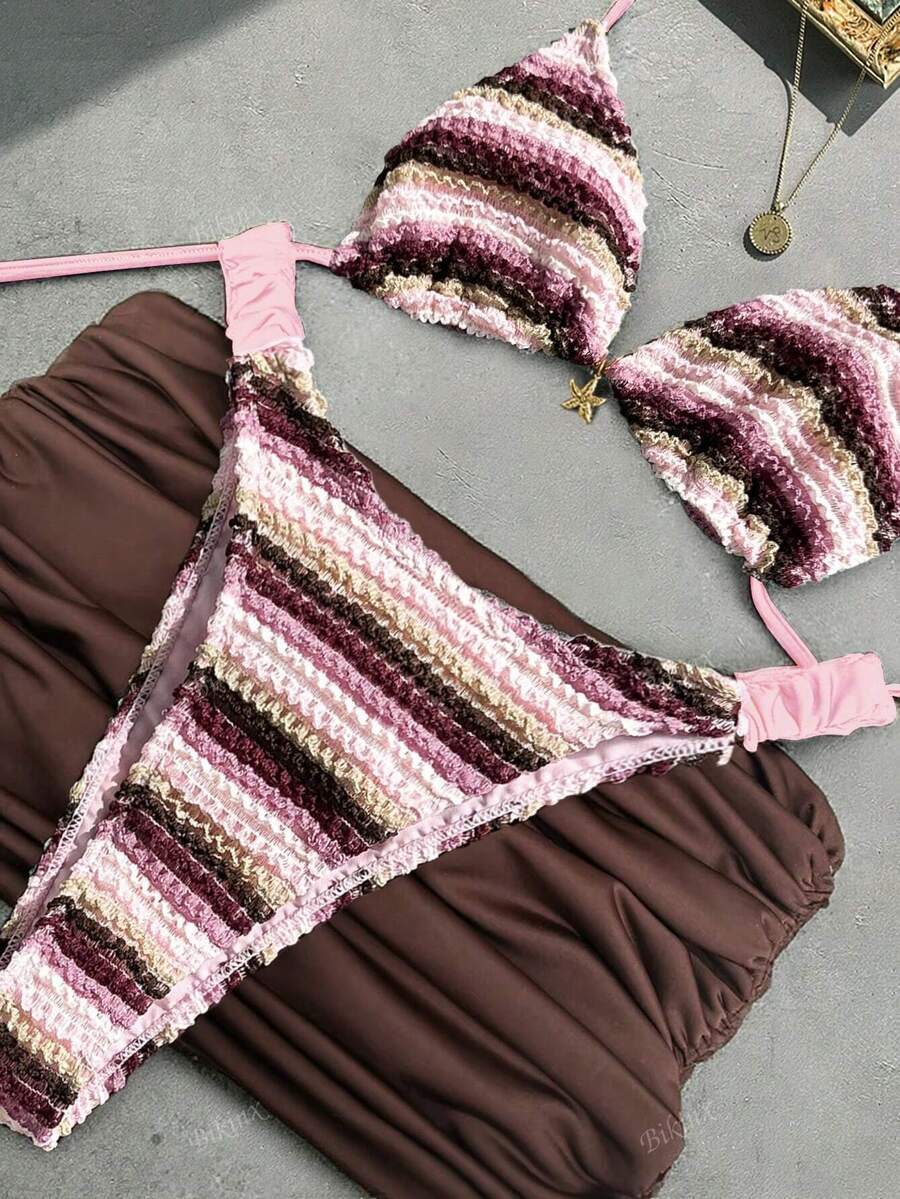 レディース 水着 ビキニセット 女性用夏のビーチ用ウェーブパターン ホルターネック セクシービキニ3点セット(カバースカート付き)拍卖