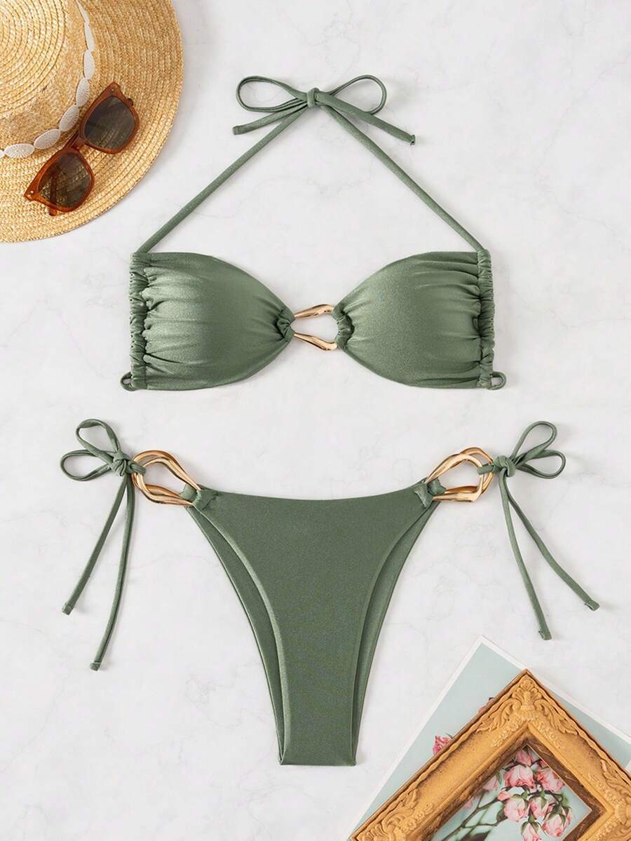 レディース 水着 ビキニセット 春休みビーチウェア レディース、ホルターストラップ ファッション小物 セクシー中空水着セット リゾ拍卖