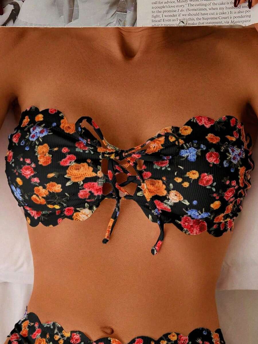 レディース 水着 トップス 女性用水着 ディティ調花柄 前ひもレース入りペタル裾 バンドゥトップ カジュアルビーチ拍卖