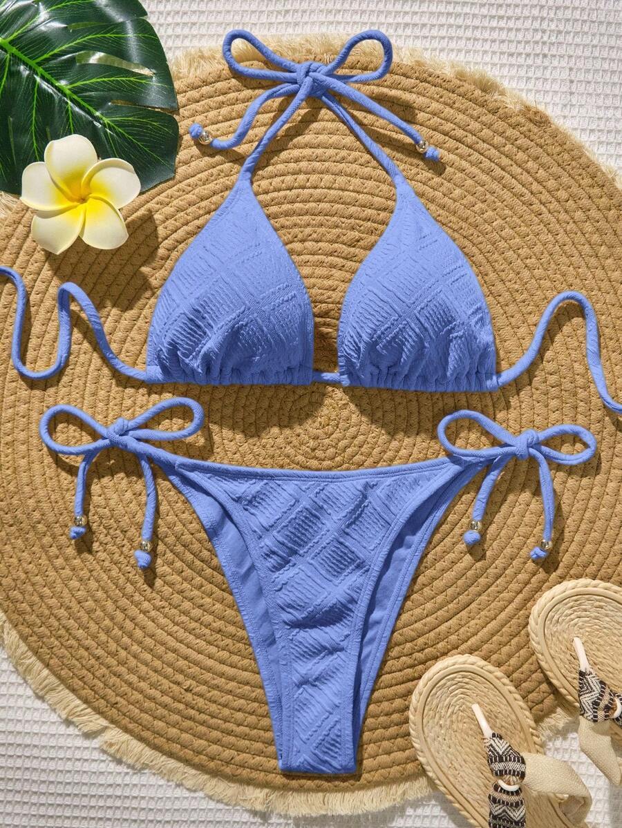 レディース 水着 ビキニセット 女性の夏のビーチソリッドカラーホルタータイセクシーなビキニセット拍卖