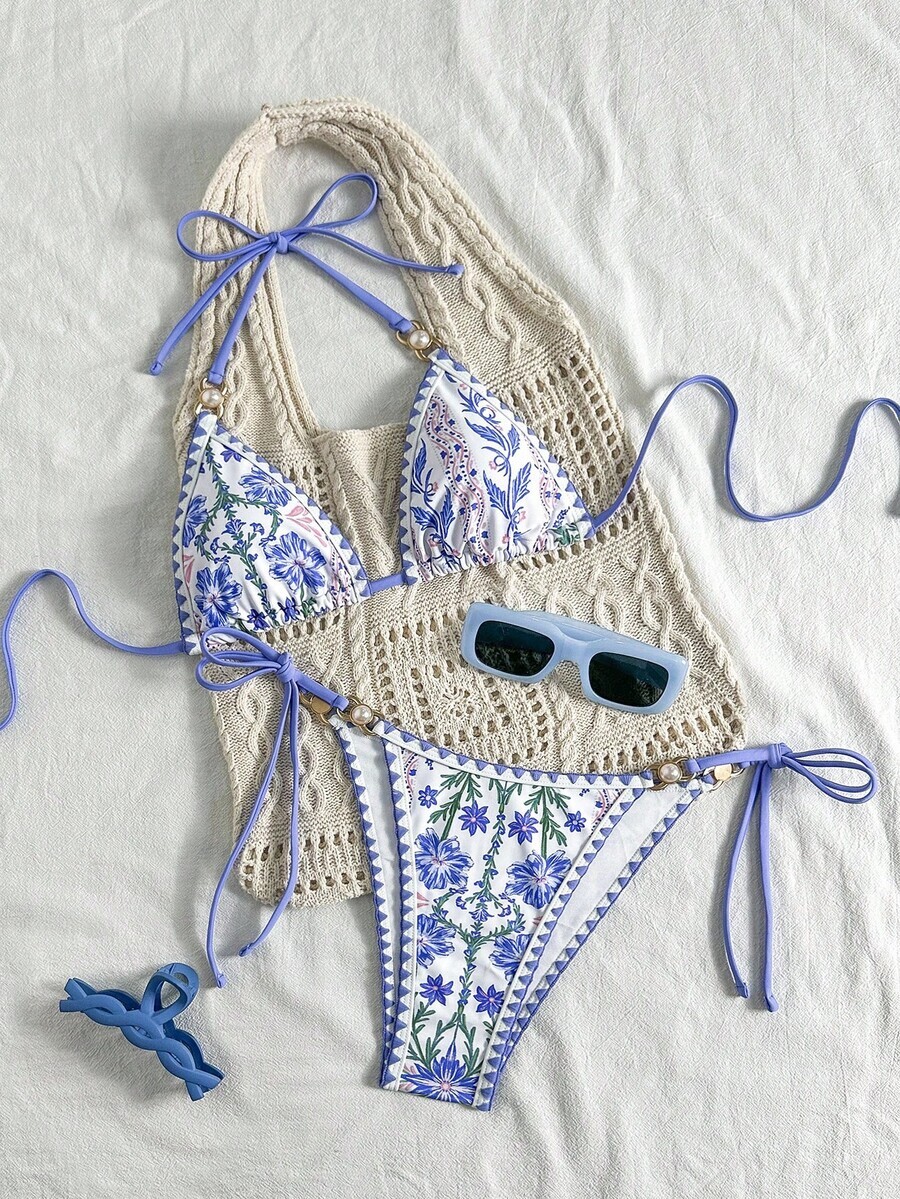 レディース 水着 ビキニセット 女性用夏休み かわいい藤の花とサメの歯のデザイン三角ビキニセット拍卖