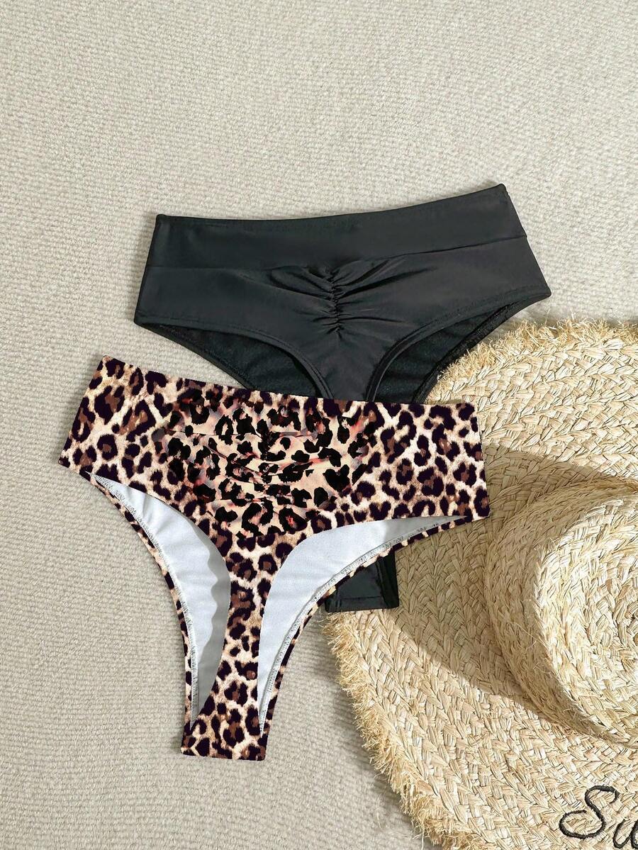 レディース 水着 ボトムス レオパード柄とソリッドカラーの女性用セクシーなビキニボトム 2枚セット拍卖