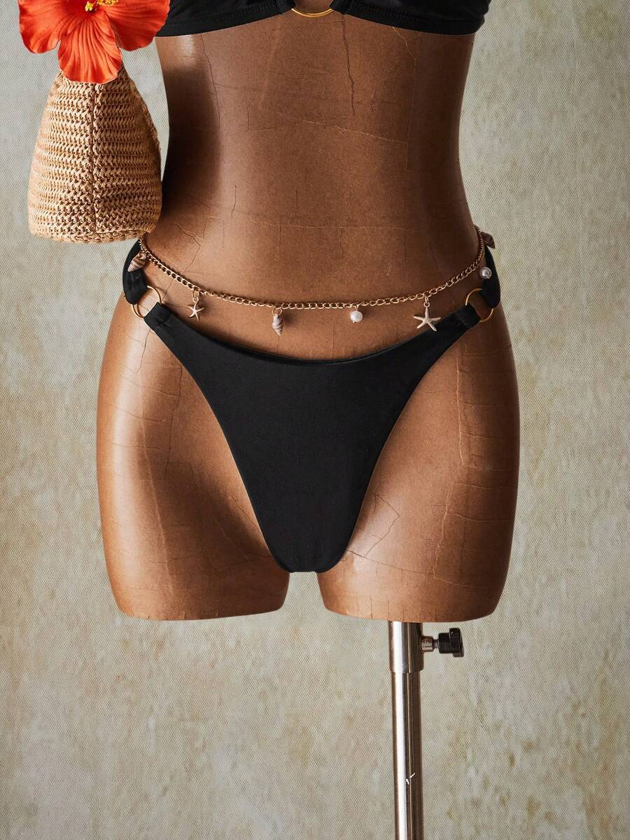 レディース 水着 ボトムス 黒のトロピカルビーチサマービーチ無地リンクビキニボトム(レディース)拍卖