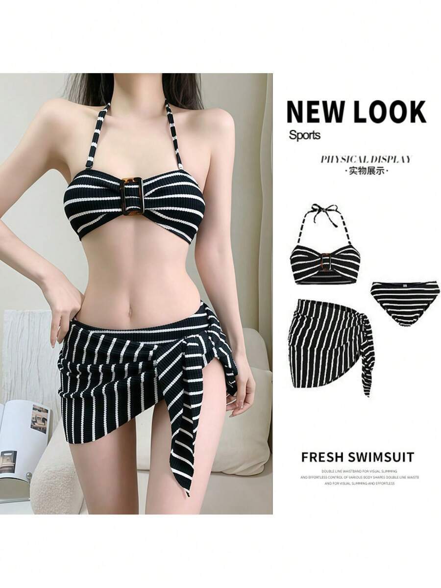 レディース 水着 ビキニセット 水着レディース白黒ストライプビキニ胸につけた3点式セクシーで甘くておしゃれなビーチリゾートスパクロ拍卖