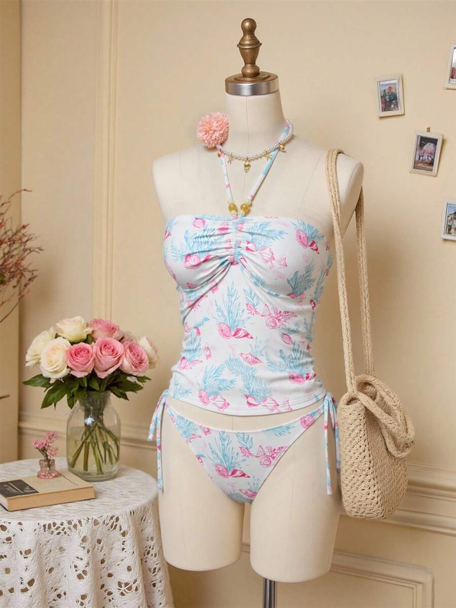 レディース 水着 ビキニセット 2022年新作 マルチカラーランダムプリント オーシャンパターン リーチェド スパゲッティストラッ拍卖