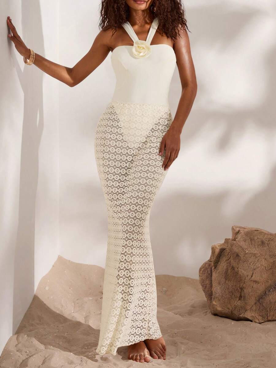 レディース 水着 ビキニセット 女性用夏休みビーチ3Dフラワー ワンピース水着とカバーアップスカート水着セット拍卖