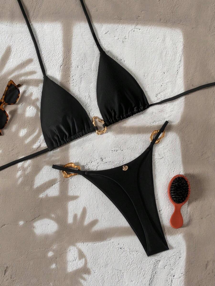 レディース 水着 ビキニセット 女性ファッション 無地 ホルターネック バックレス メタルデコレーション セクシー トライアングル拍卖