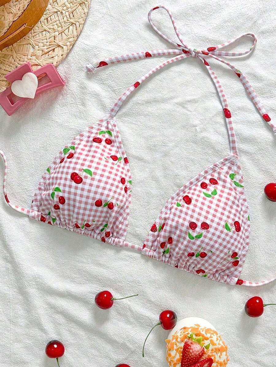 レディース 水着 トップス 2点セット レディースサマービーチチェリー柄チェック柄ホルターバイキニトップ拍卖
