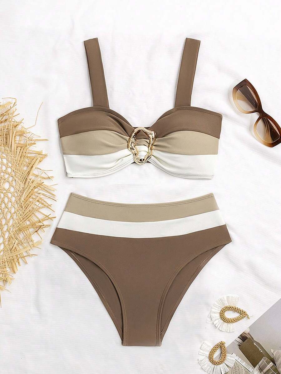 レディース 水着 ビキニセット 新作ファッションセクシーなカラーブロック柄ビキニセット拍卖