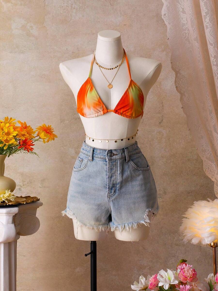 レディース 水着 トップス ウィメンズ サマービーチバカンス カラーコントラスト ホルターネック ビキニトップ拍卖