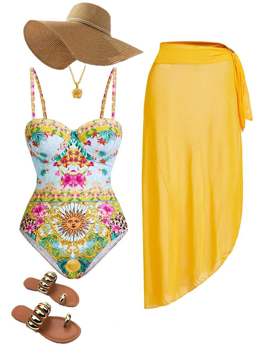 レディース 水着 ワンピース 女性用 ホリデー気分のフローラル柄スパゲティストラップモノキニ + カバーアップスカート 1セット拍卖